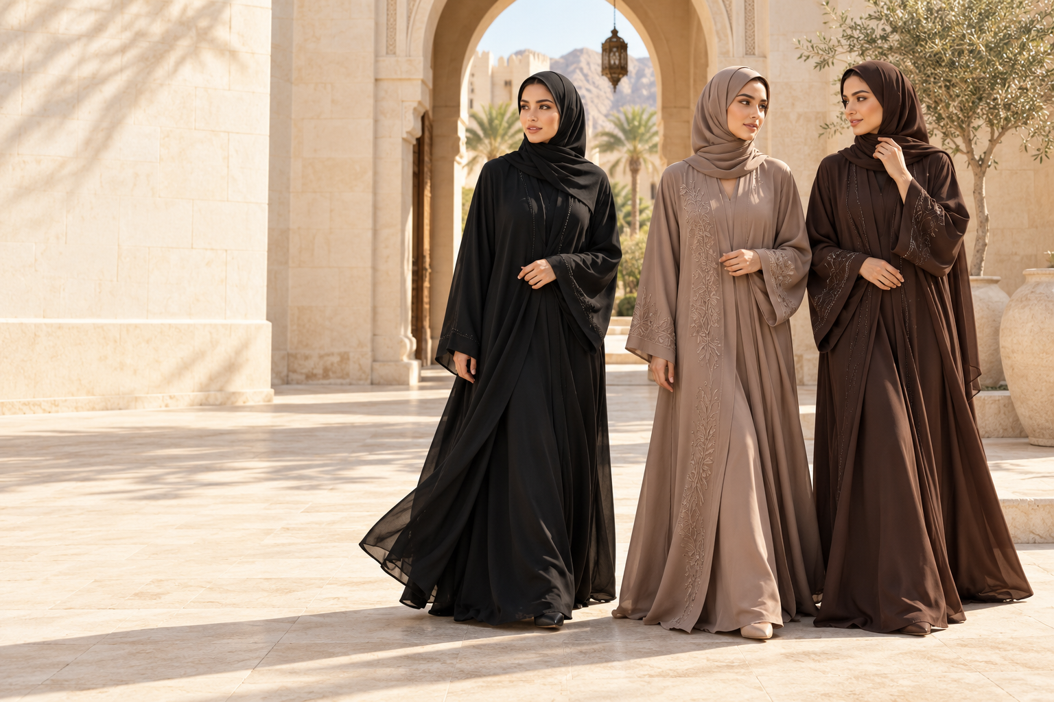 Three women wearing black, embroidered taupe and chocolate abayas in a sunlit courtyard